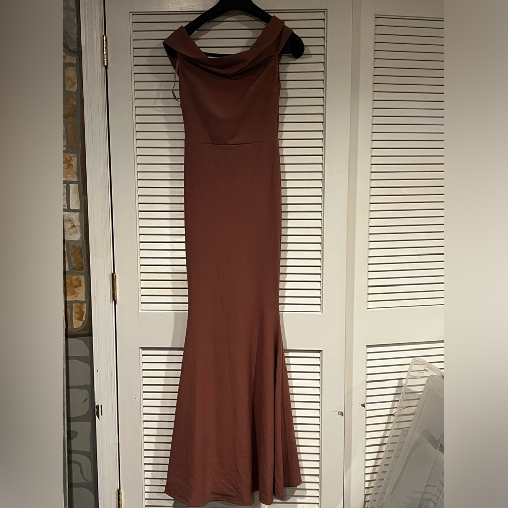 Windsor long, rose colored off shoulder dress